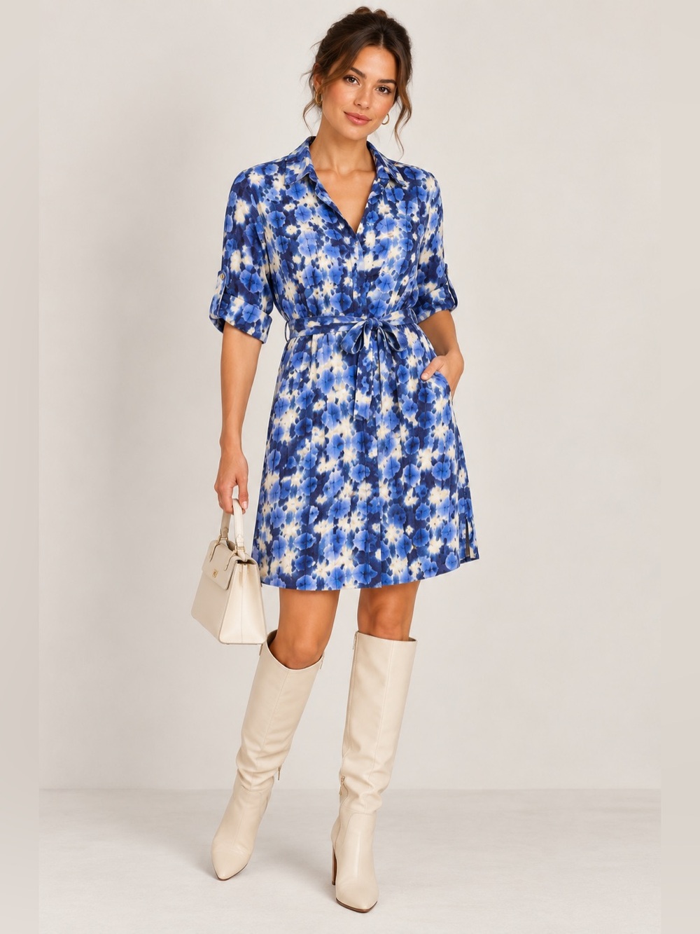 Blue Floral Shirt Midi Dress with Tie Belt